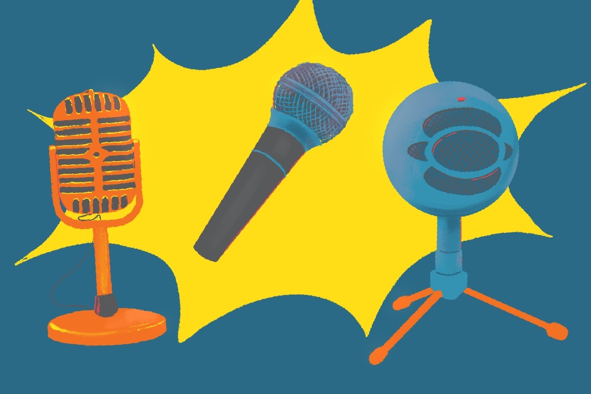 Three different types of microphones in bright colors in front of a yellow and blue background. Each microphone is a different style (from left to right): a vintage microphone on a stand in orange, a standard handheld microphone in black and blue, and a ball microphone on a wire stand in orange and blue.